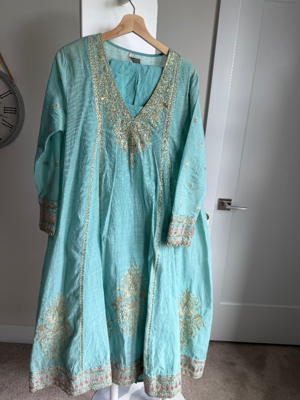 ETHNIC Seafoam Aqua Embroidered Anarkali Set (3-Piece) – Size M